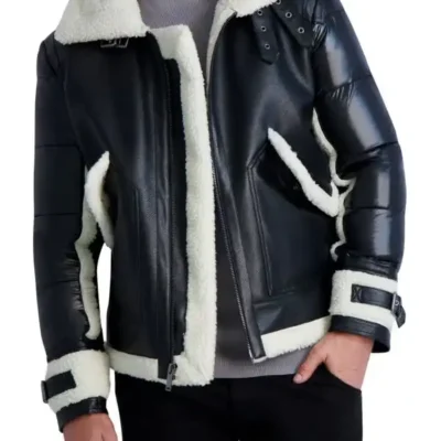 Mens Shearling Puffer Leather Black Jacket