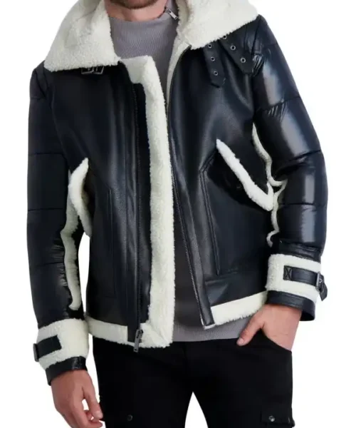 Mens Shearling Puffer Leather Black Jacket