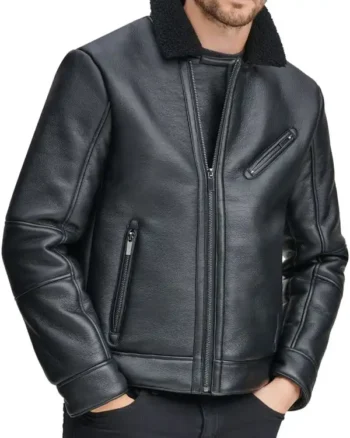 Mens Shearling Sheepskin Leather Black Jacket