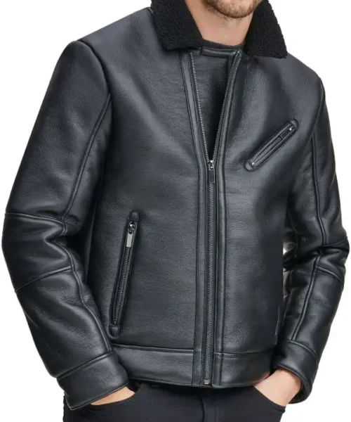 Mens Shearling Sheepskin Leather Black Jacket