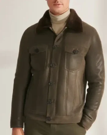 Mens Shearling Trucker Leather Khaki Jacket