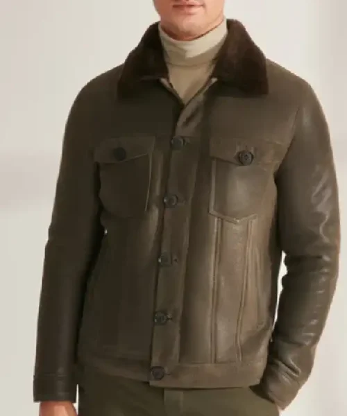 Mens Shearling Trucker Leather Khaki Jacket