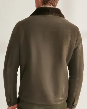 Mens Shearling Trucker Leather Khaki Jacket - Image 2