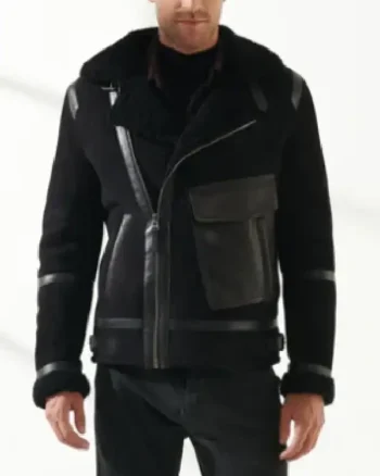 Mens Sheepskin Aviator Biker Leather Black Jacket
