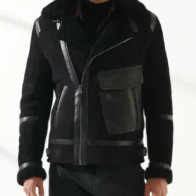Mens Sheepskin Aviator Biker Leather Black Jacket