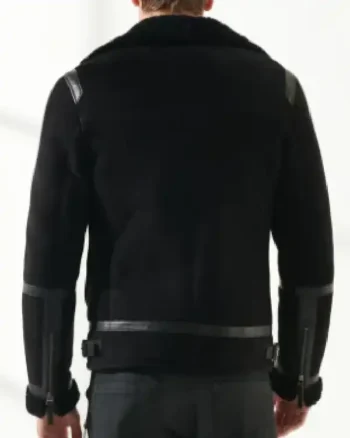 Mens Sheepskin Aviator Biker Leather Black Jacket - Image 2