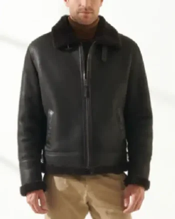 Mens Sheepskin Aviator Fur Leather Black Jacket