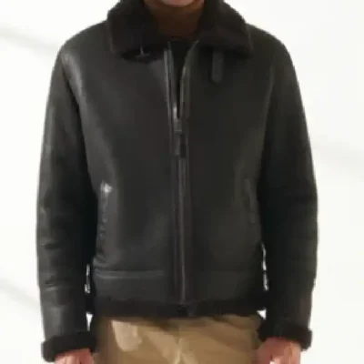 Mens Sheepskin Aviator Fur Leather Black Jacket