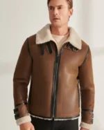 Mens Sheepskin Aviator Fur Leather Brown Jacket (1)