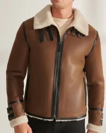 Mens Sheepskin Aviator Fur Leather Brown Jacket
