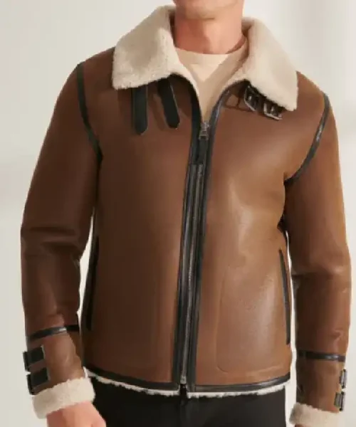 Mens Sheepskin Aviator Fur Leather Brown Jacket
