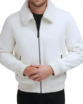 Mens Sheepskin Bomber Leather White Jacket