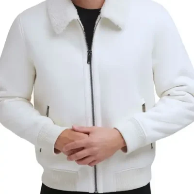 Mens Sheepskin Bomber Leather White Jacket