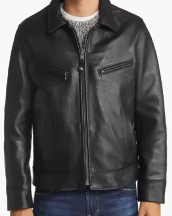 Mens Sheepskin Leather Jacket In Black With Removable Shearling Collar