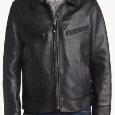 Mens Sheepskin Leather Jacket In Black With Removable Shearling Collar