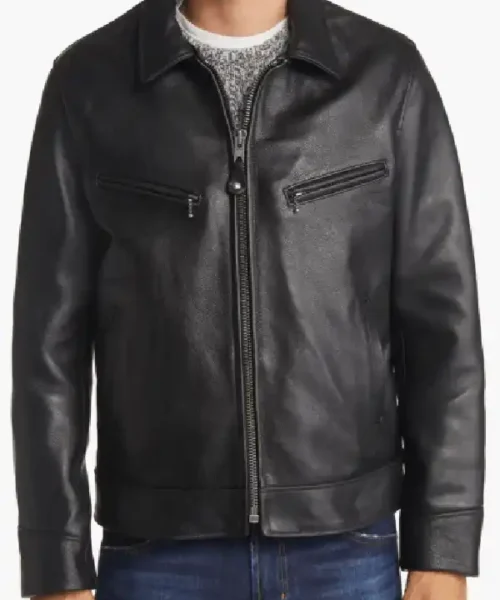 Mens Sheepskin Leather Jacket In Black With Removable Shearling Collar