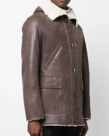 Mens Sheepskin Leather Jacket In Brown With Hood