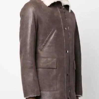 Mens Sheepskin Leather Jacket In Brown With Hood