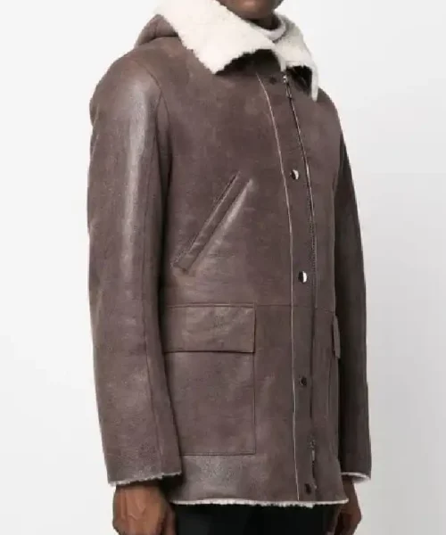 Mens Sheepskin Leather Jacket In Brown With Hood