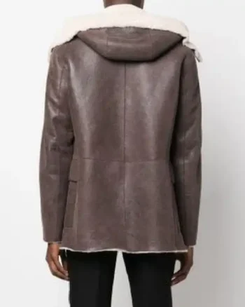 Mens Sheepskin Leather Jacket In Brown With Hood back