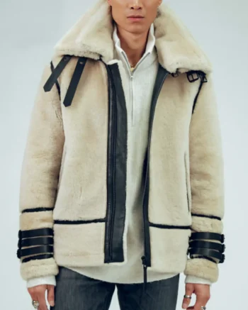 Mens Sheepskin Leather Shearling Off White Jacket