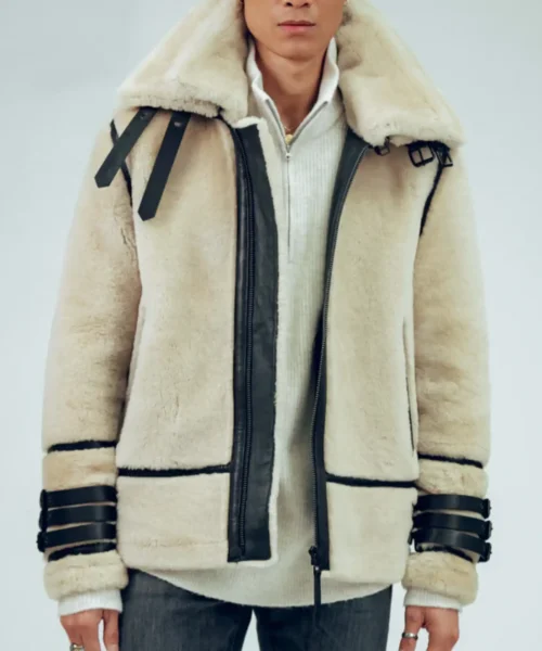 Mens Sheepskin Leather Shearling Off White Jacket