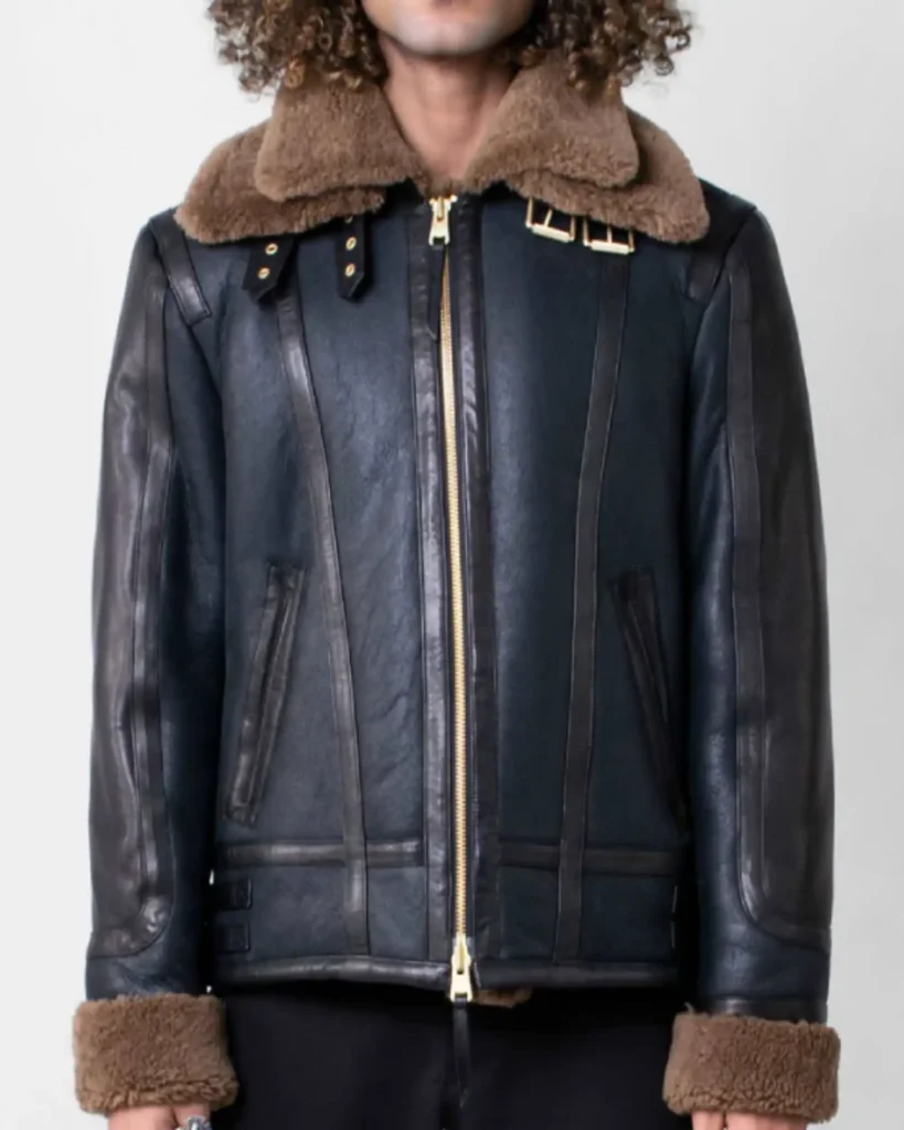 Mens Sheepskin Shearling Leather Blue Jacket