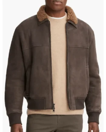 Mens Suede Shearling Leather Beige Jacket