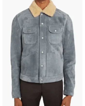 Mens Suede Trucker Shearling Leather Sky Blue Jacket