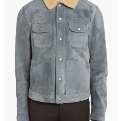 Mens Suede Trucker Shearling Leather Sky Blue Jacket