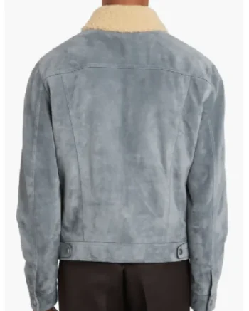 Mens Suede Trucker Shearling Leather Sky Blue Jacket back