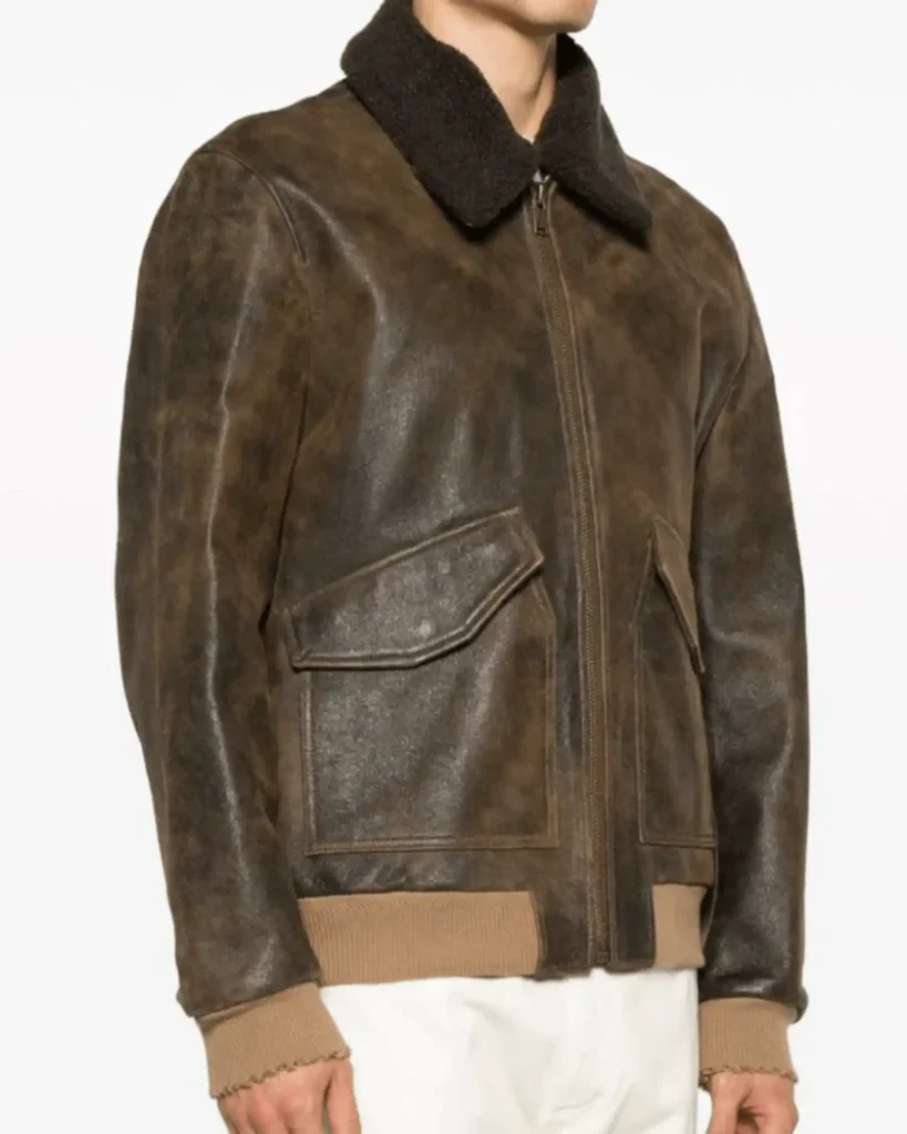 Mens Vintage Shearling Bomber Leather Dark Brown Jacket