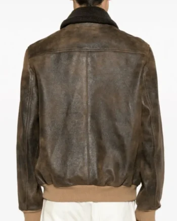 Mens Vintage Shearling Bomber Leather Dark Brown Jacket back