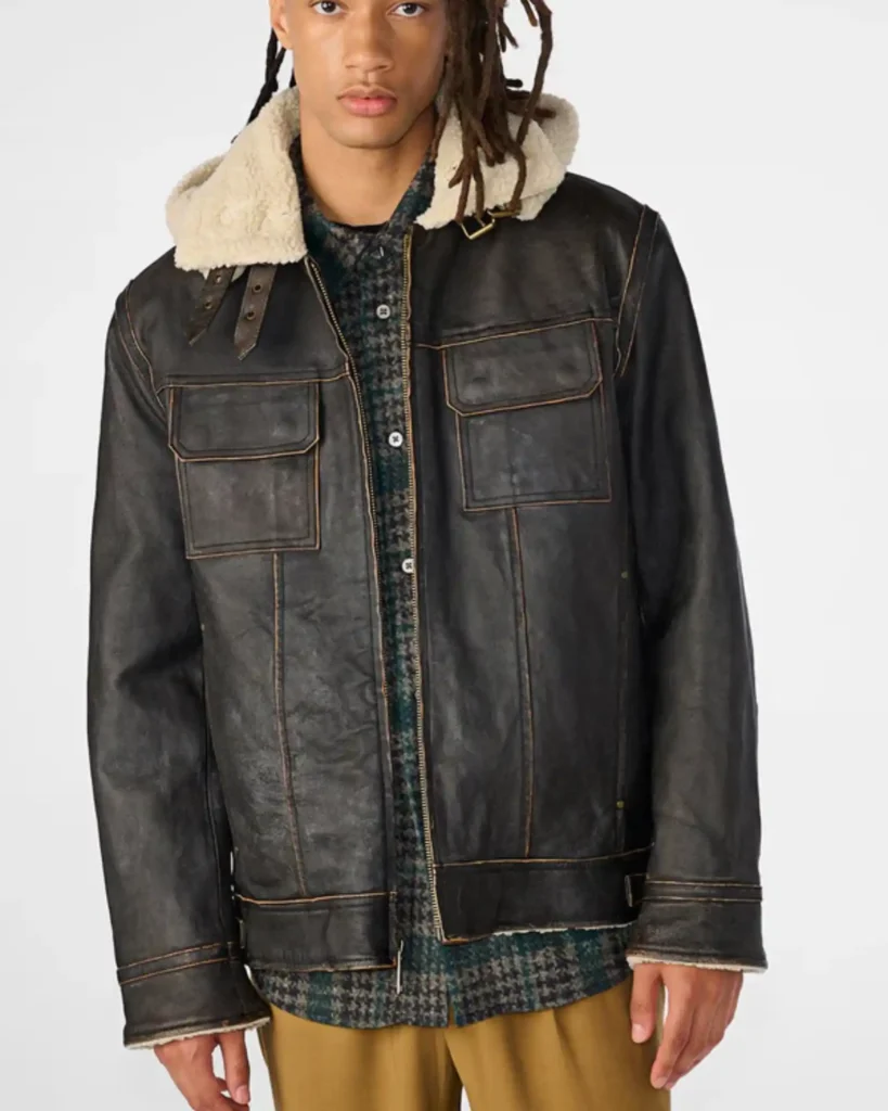 Mens Vintage Shearling Leather Jacket In Black Removable Hood