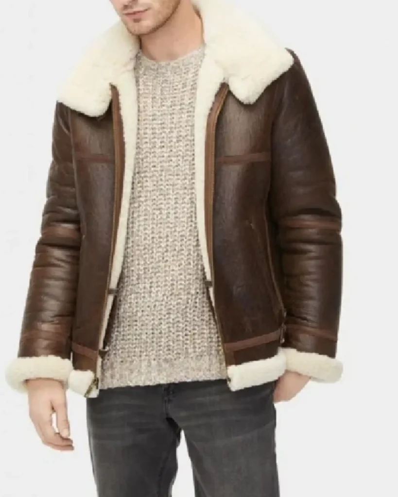 Mens White Fur Sheepskin Leather Dark Brown Jacket