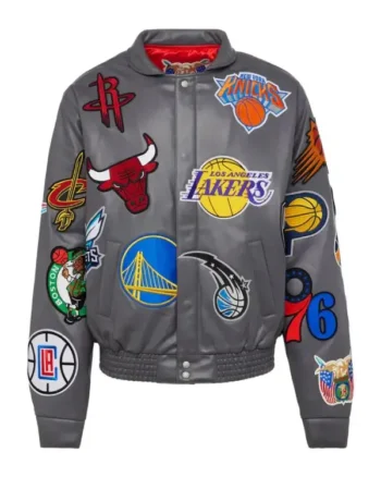 NBA Teams Collage Unisex Bomber Leather Grey Jacket