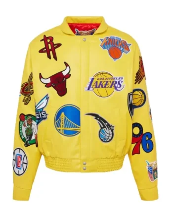 NBA Teams Collage Unisex Bomber Leather Yellow Jacket