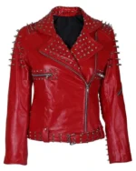 Red Leather Jacket With Cone And Tree Spike Studs