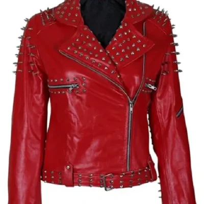 Red Leather Jacket With Cone And Tree Spike Studs