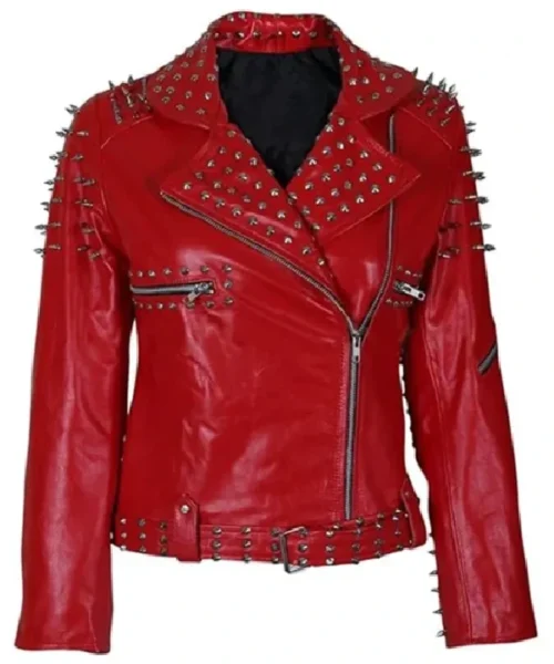 Red Leather Jacket With Cone And Tree Spike Studs