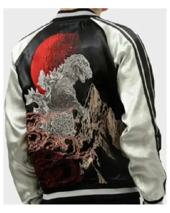 Shop Godzilla King Of Monsters Film Two Tone Black and Silver Satin Stripe Bomber Jacket Sale