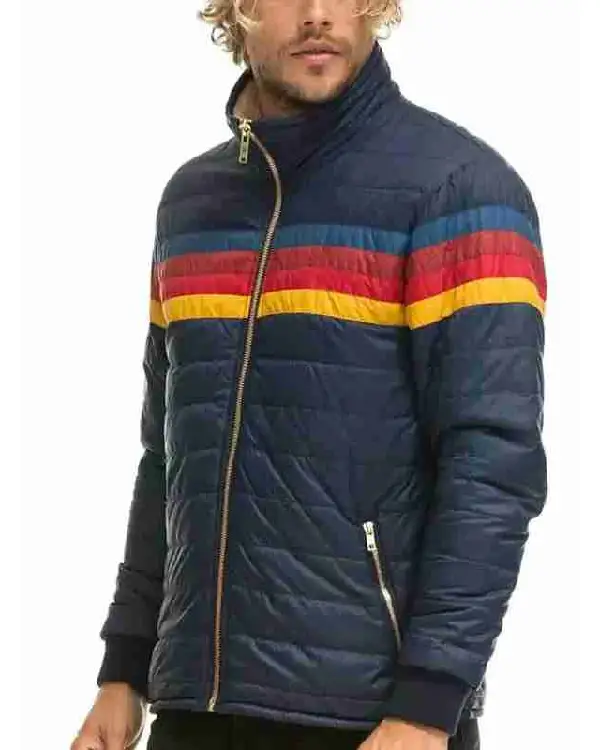 Shop Jordan Elsass TV Series Superman and Lois Jonathan Kent Striped Puffer Parachute Zip Up Sherpa Jacket