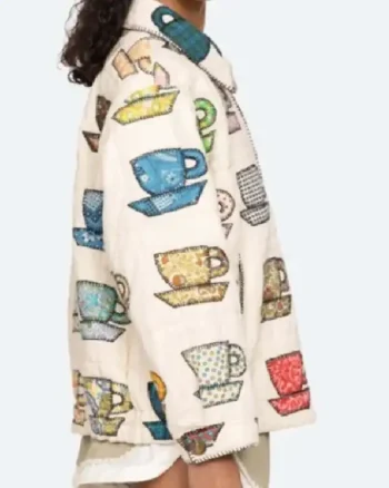 Shop Maddie Townsend TV Series Sweet Magnolias S04 JoAnna Garcia Swisher Beige Tea Cups Print Quilted Jacket For Sale side post