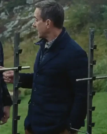 Shop Matthew Macfadyen Succession Season 4 Tom Wambsgans Navy Blue Quilted Jacket Sale side post