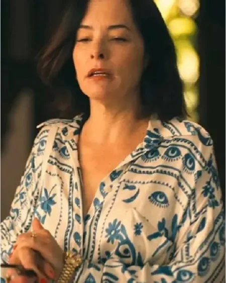 The White Lotus Parker Posey Printed Mini Shirt Dress