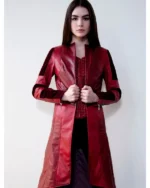 Womens Red Leather Scarlet Witch Trench Coat