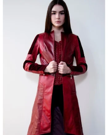 Womens Red Leather Scarlet Witch Trench Coat