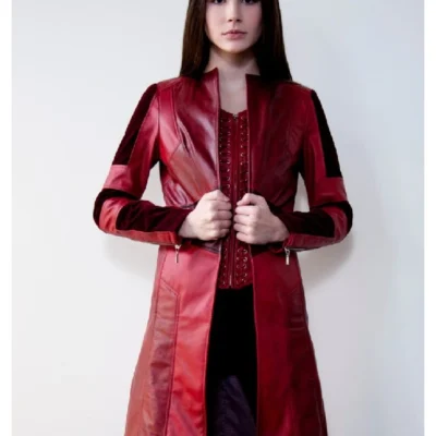Womens Red Leather Scarlet Witch Trench Coat