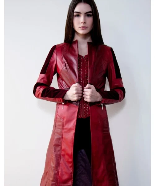 Womens Red Leather Scarlet Witch Trench Coat