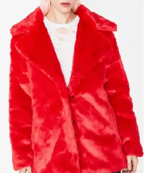 8 Ball Logo Printed Red Fur Jacket